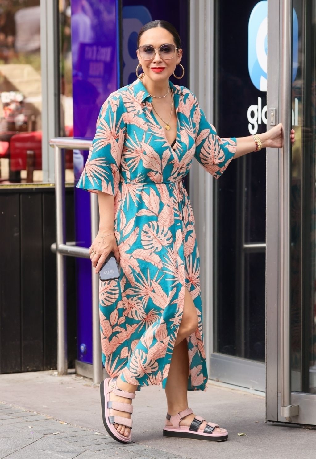 Myleene Klass Wearing a Floral Dress and Sandals in London2